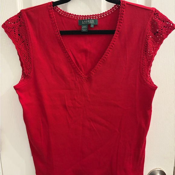 Ralph Lauren V-Neck Crochet Trim Sleeveless Tank Red Large - Picture 4 of 6